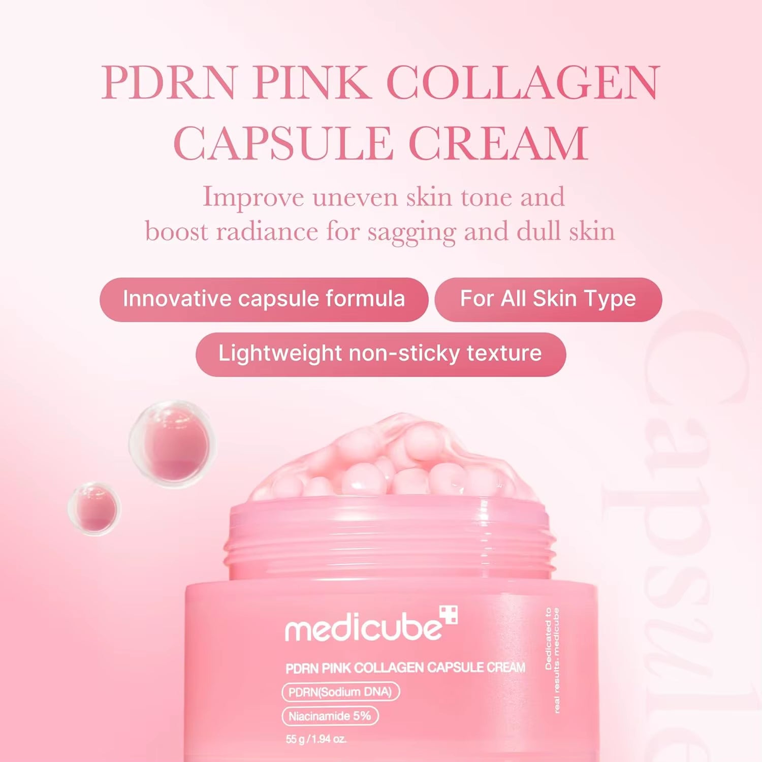 Medicube Pink Collagen Capsule Cream Face Lightweight Moisturizing Cream for Uneven Skin Tone Glow Hydration Korean Skin Care